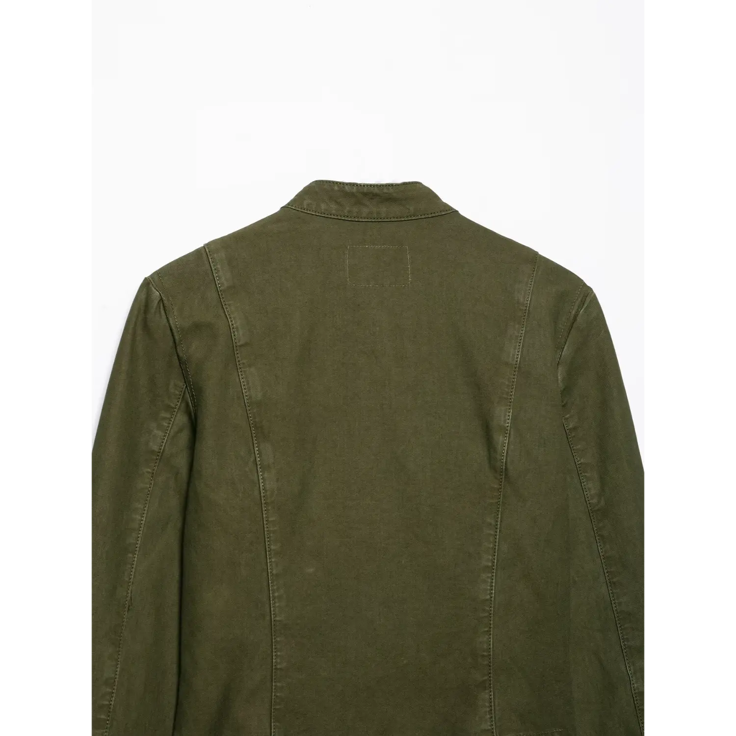 Back partial view of olive green cropped jacket, vertical seam stitching, plain back panel, stand collar