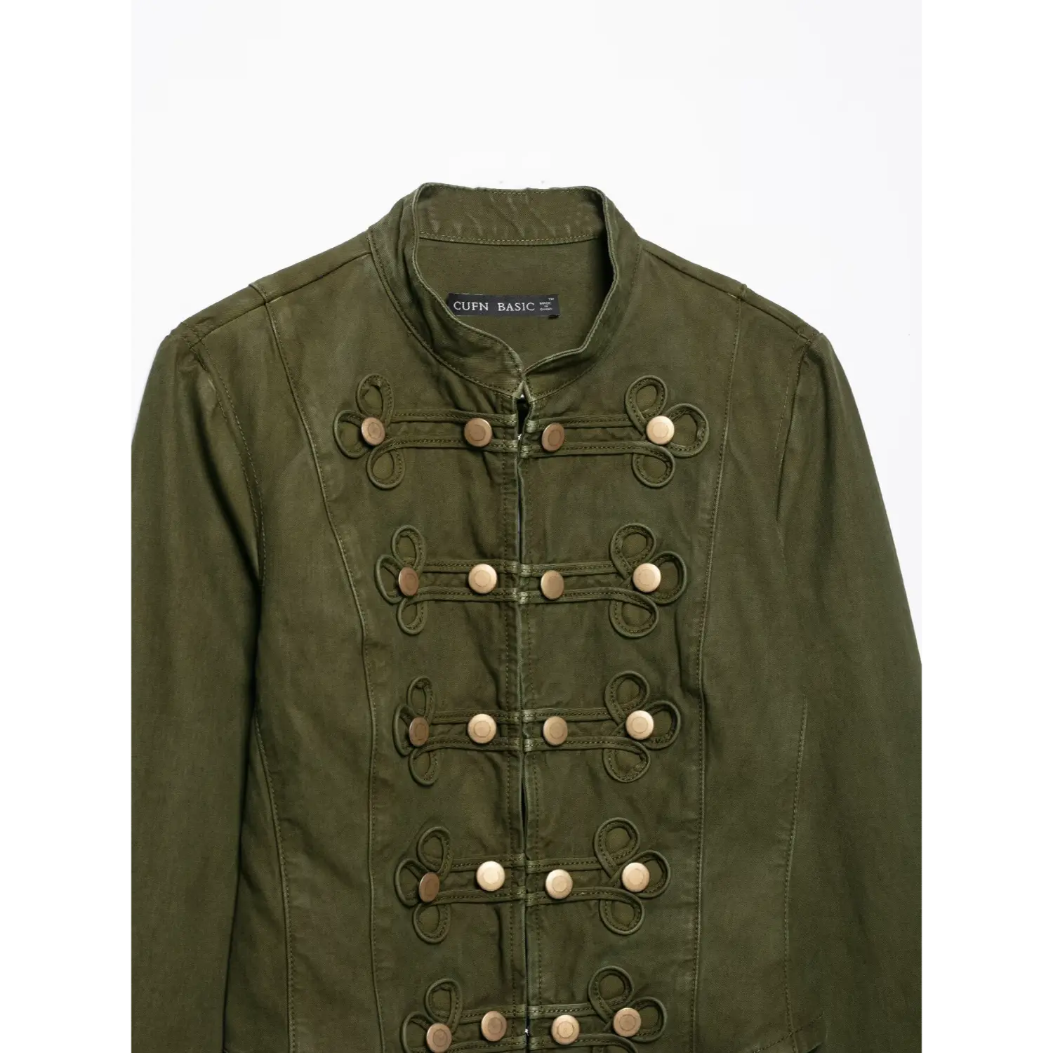 Chest partial shot of olive green military cropped jacket, inner brand label, rows of knot‑loop brass button decor, stand collar