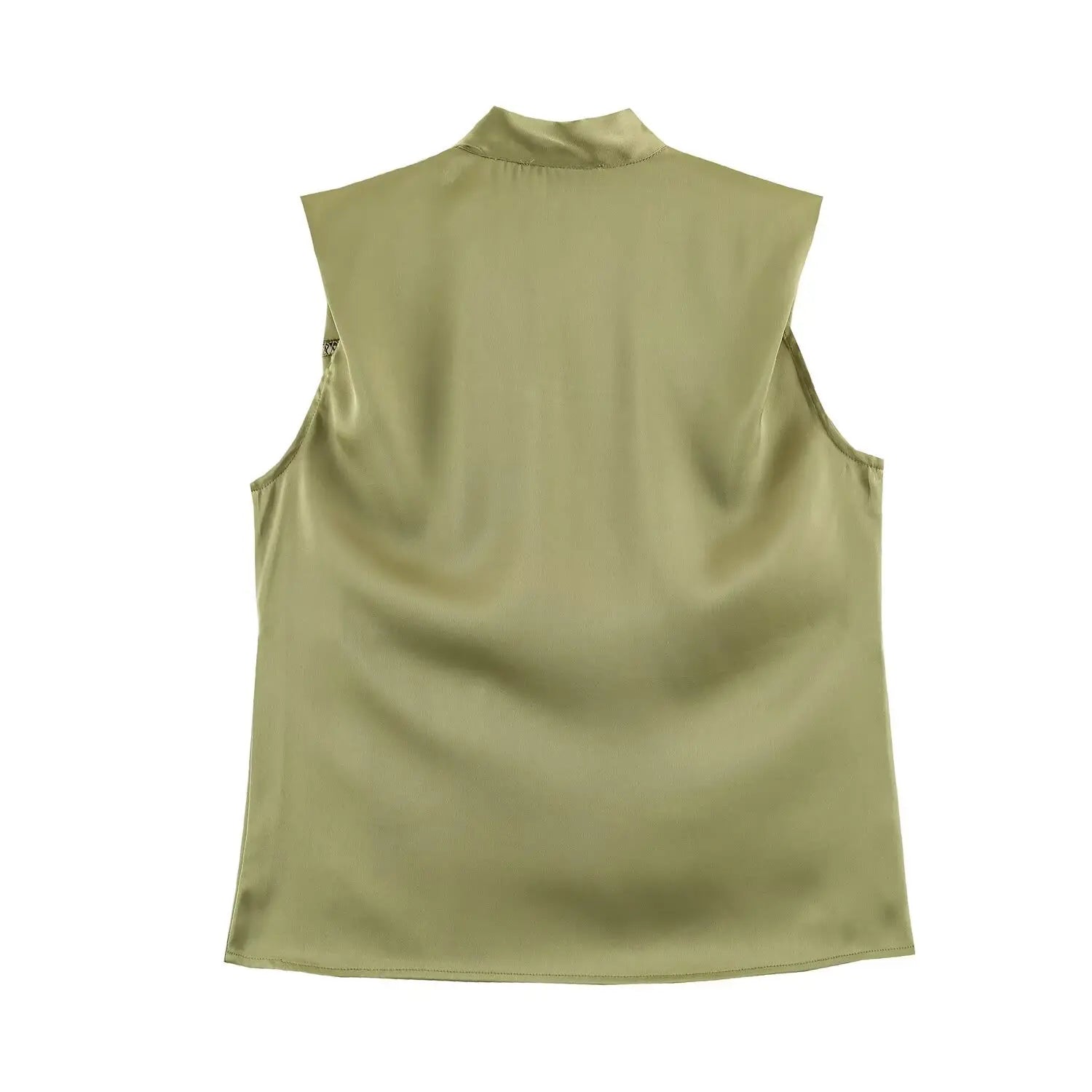 Back flat lay olive green silky sleeveless top, plain solid back, clean finished armholes and hem