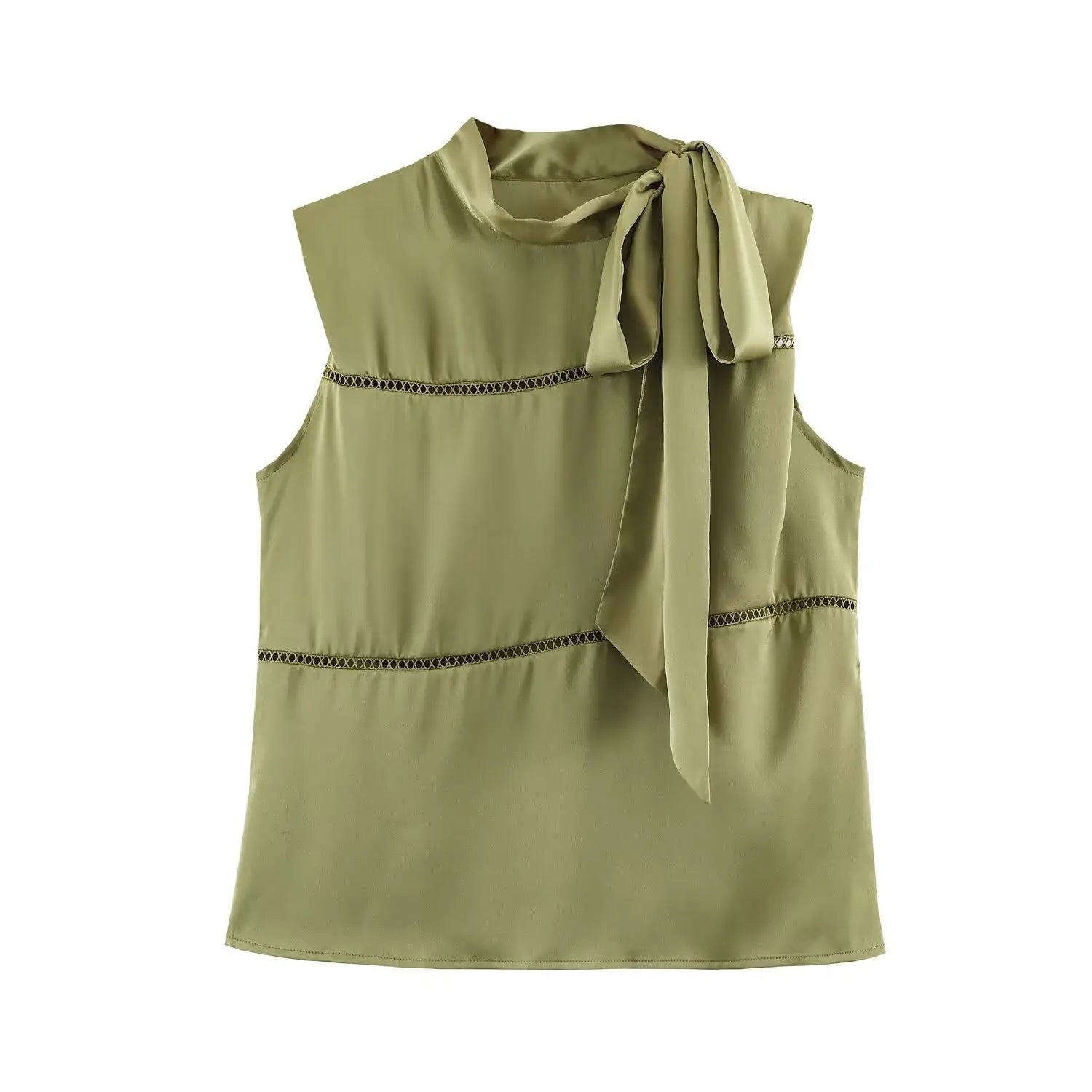 Front flat product shot olive green satin sleeveless blouse, stand neck with side self fabric bow tie, diagonal hollow cutout stitching panel, relaxed fit tank top