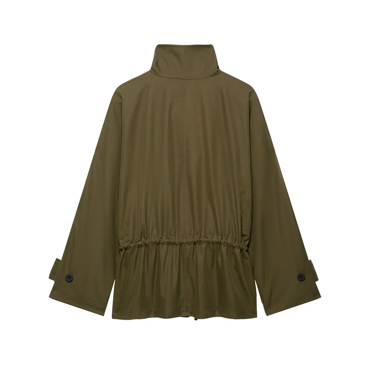 Back view of olive green stand collar jacket with gathered waist and button tab cuffs