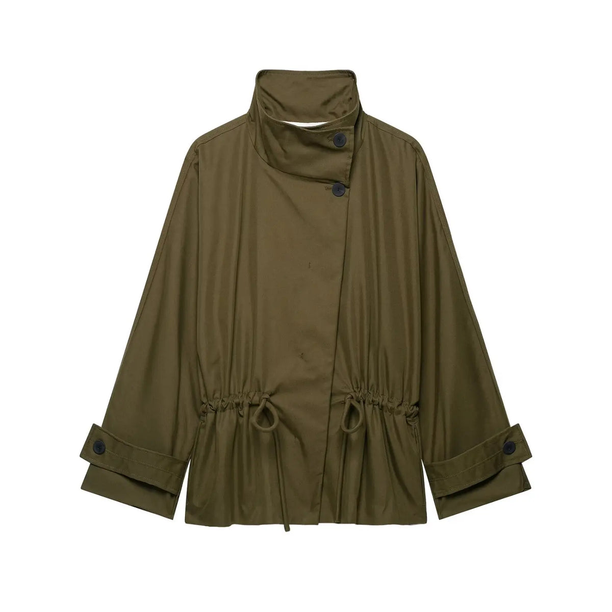 Front view of olive green stand collar jacket with drawstring waist on white background
