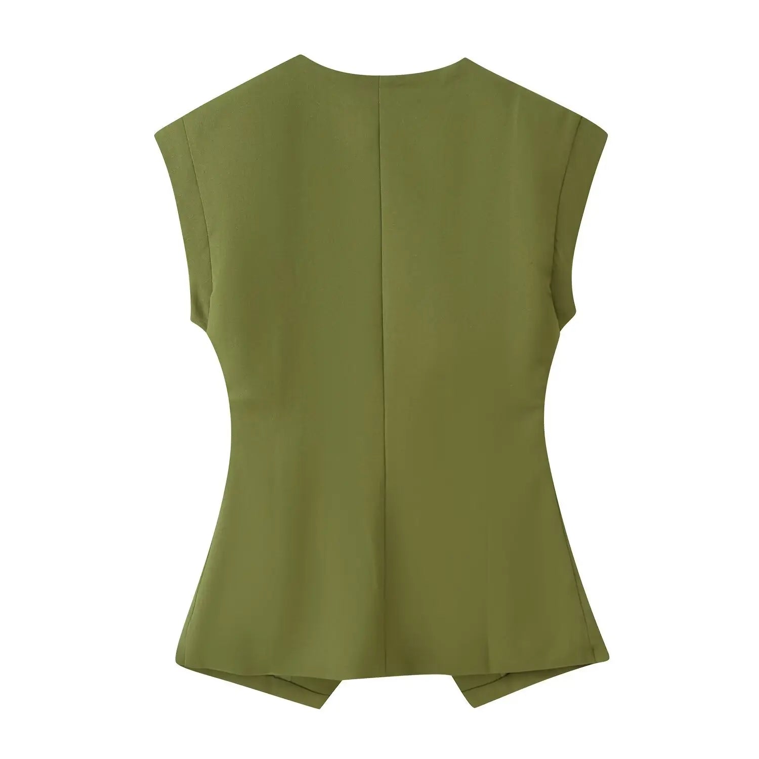 Complete back flat view, single vertical center back seam, tailored waist shaping, straight split hem