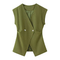 Full front flat lay main shot of olive green tailored blazer vest, deep V neck, double silver round buttons, cap sleeveless, slim waist silhouette, full inner lining