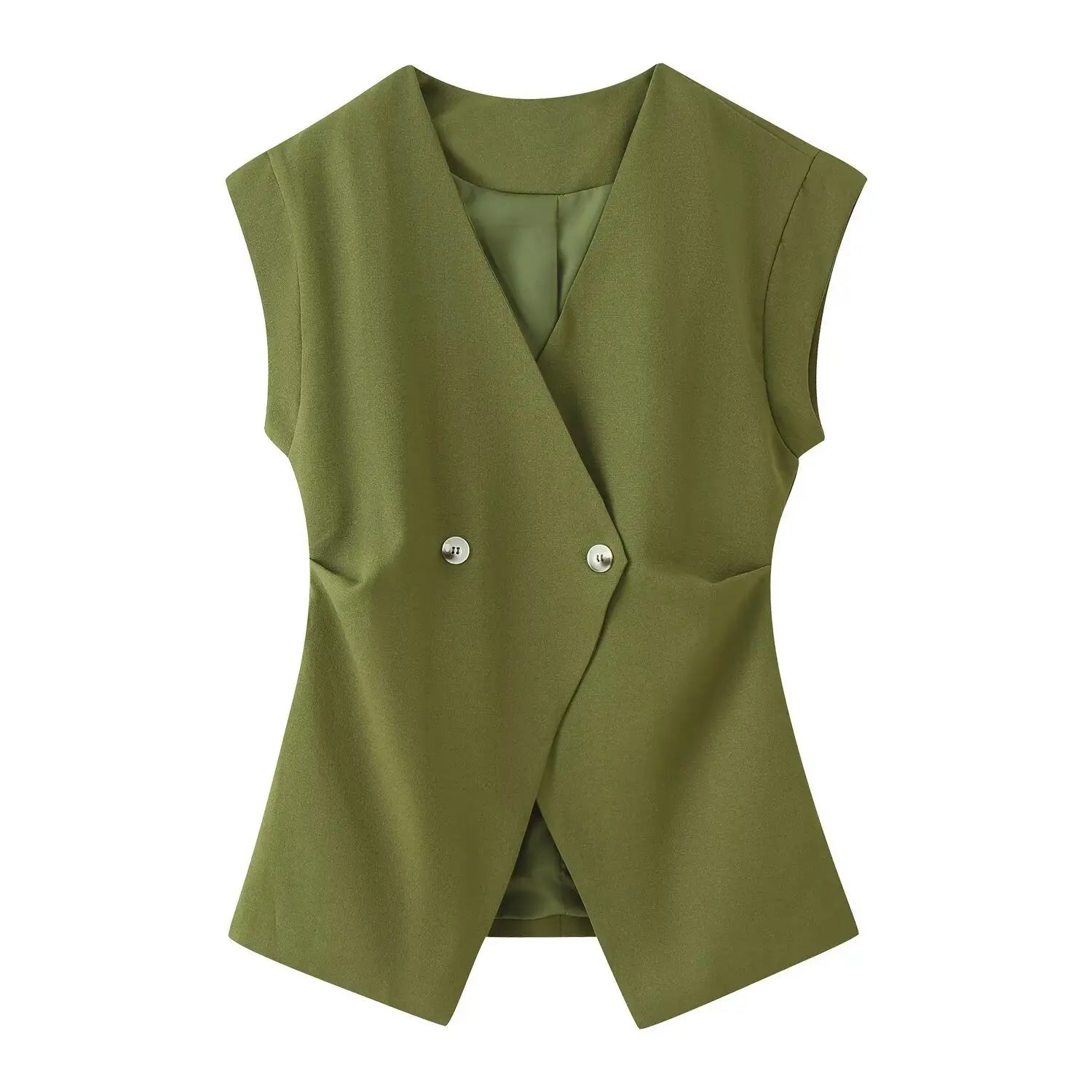 Full front flat lay main shot of olive green tailored blazer vest, deep V neck, double silver round buttons, cap sleeveless, slim waist silhouette, full inner lining