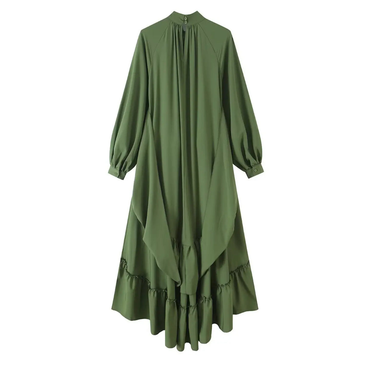 Back view of olive green midi dress with high low ruffle hem