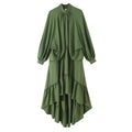 Front view of olive green stand collar lantern sleeve tiered ruffle midi dress
