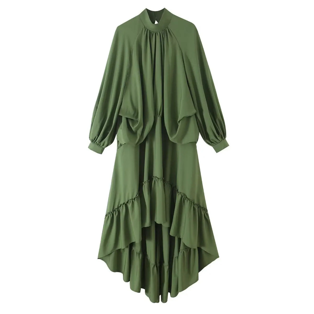 Front view of olive green stand collar lantern sleeve tiered ruffle midi dress