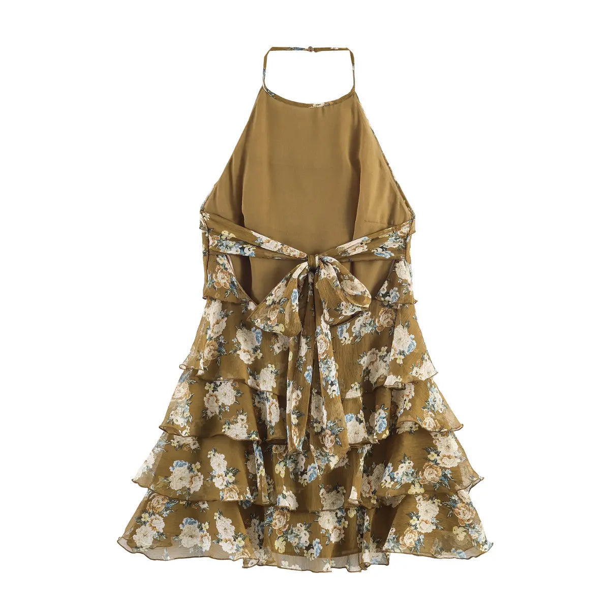 Full back white background shot of olive tone floral print halter mini dress, open back with big self-fabric bow tie closure and multi-layer ruffle skirt.