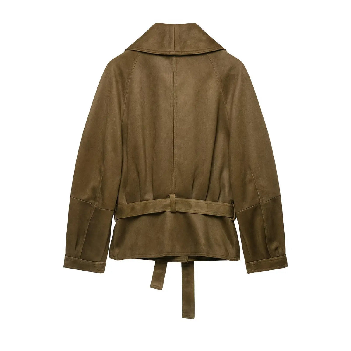 Back flat lay of olive suede cropped jacket