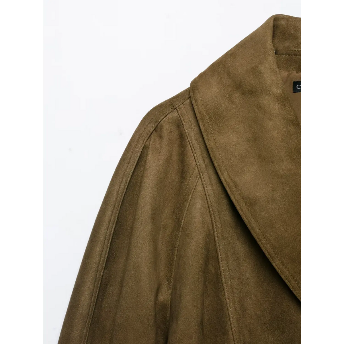 Close-up of shawl collar and shoulder topstitching
