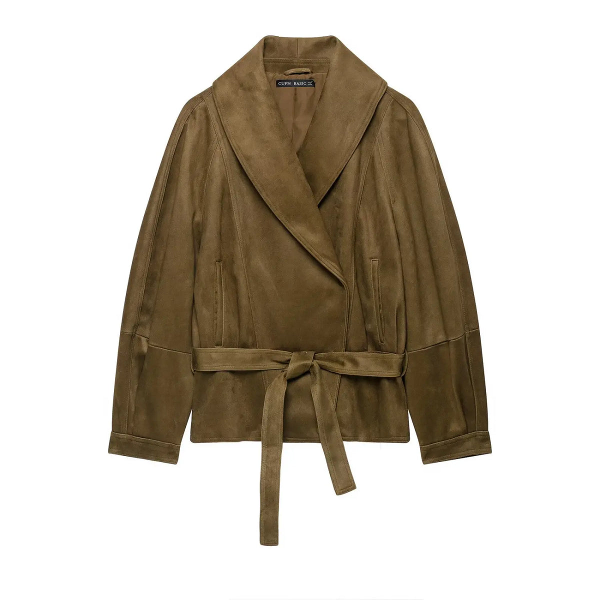 Front flat lay of olive suede wrap collar belted cropped jacket