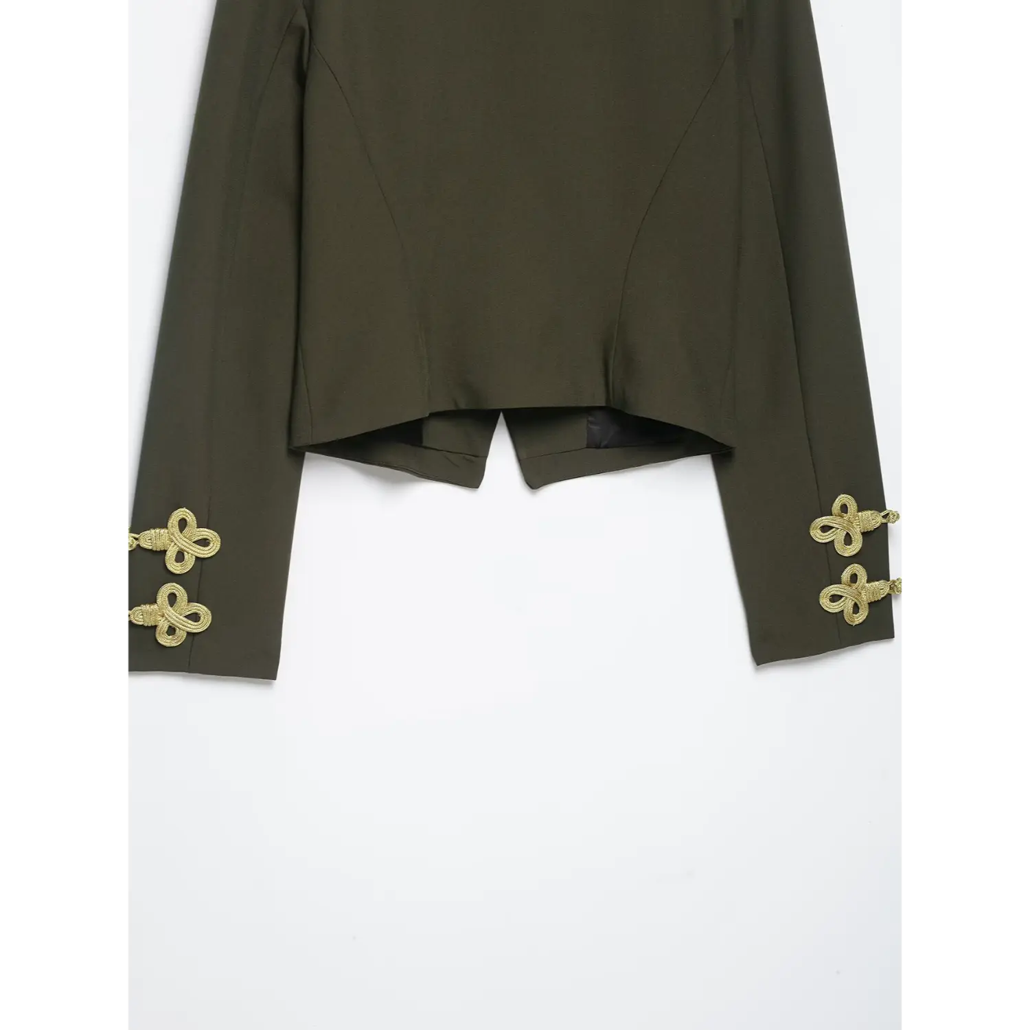 Full back flat lay showing cropped hem and dual gold knot cuffs on olive green military‑style blazer