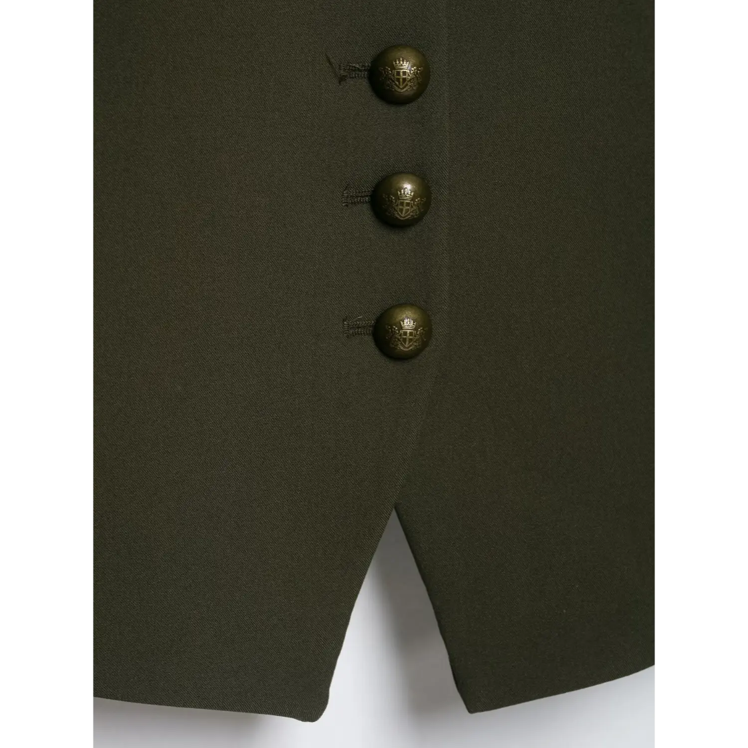 Close‑up of button placket and cropped hem on olive green military style blazer