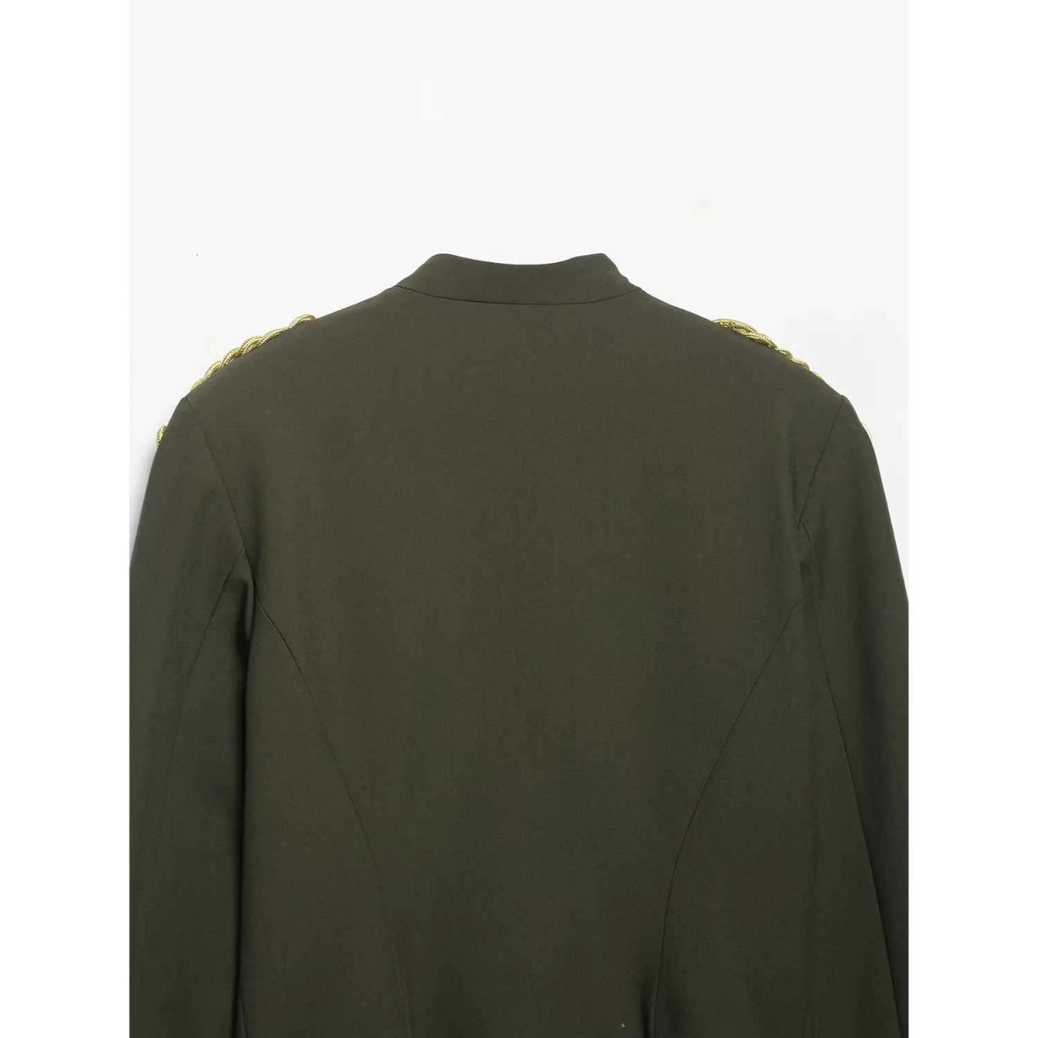 Back flat view of olive green cropped military blazer with gold braided epaulets on both shoulders
