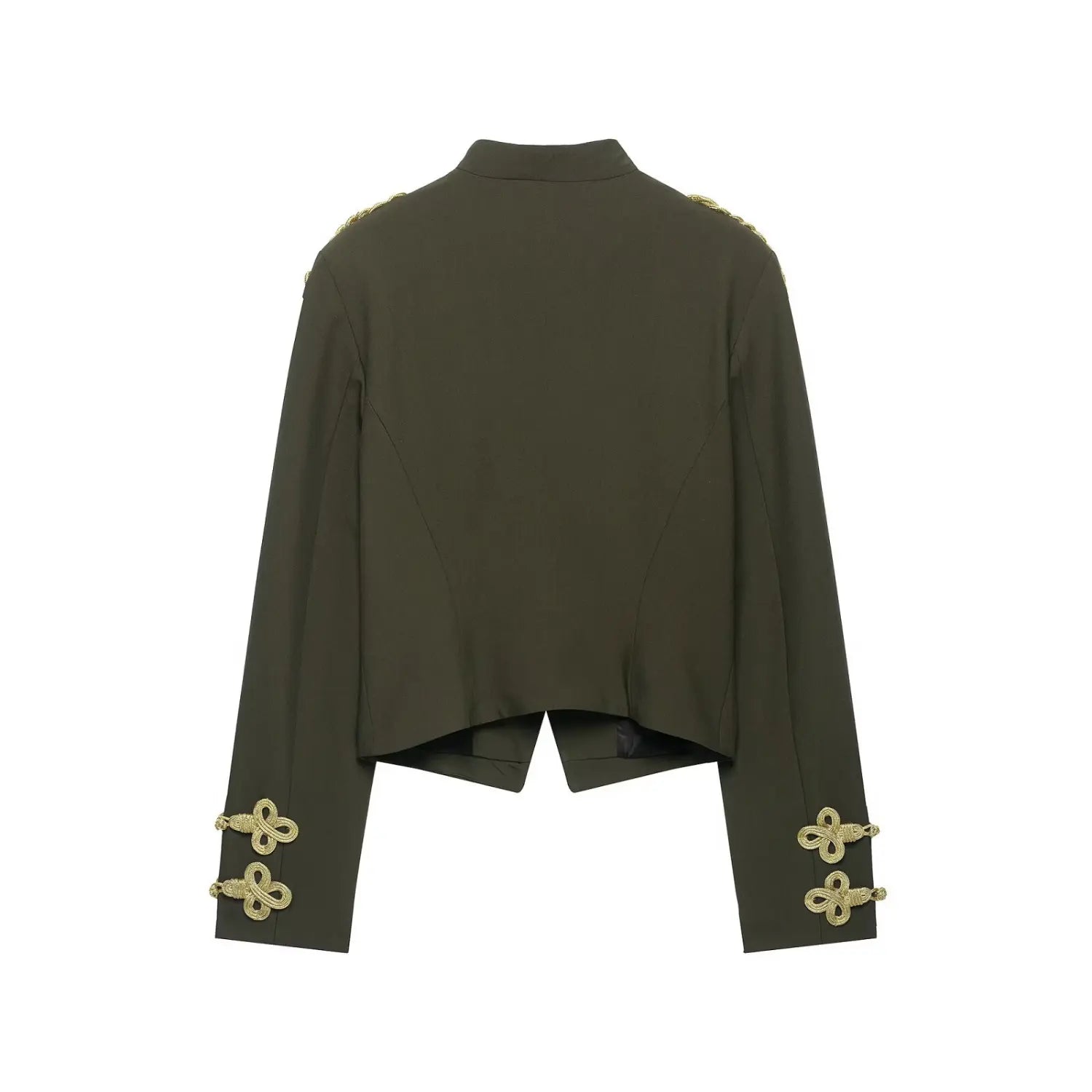 Back view of olive green cropped military blazer with gold braid shoulder and cuff knot details