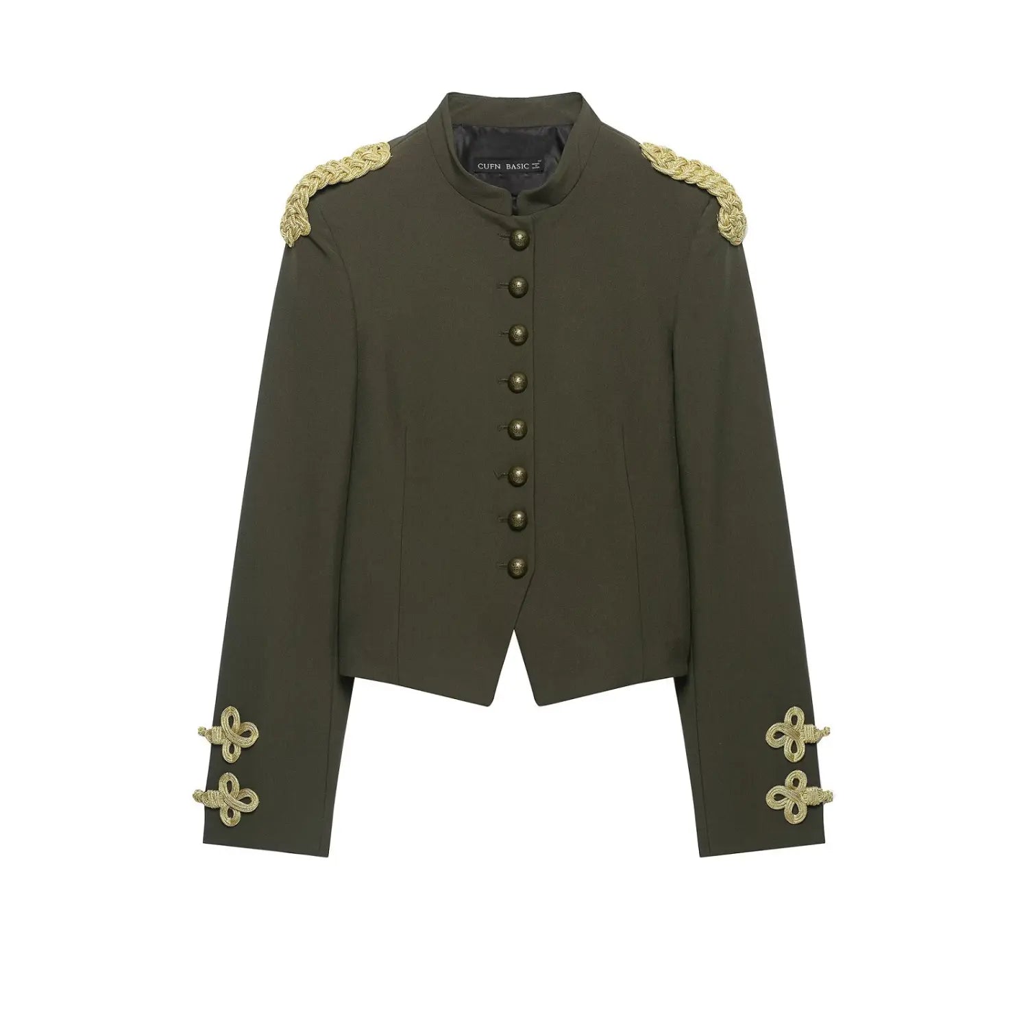 Ghost mannequin front shot of olive green cropped military blazer, stand collar, gold epaulets and cuff knots, antique metal buttons