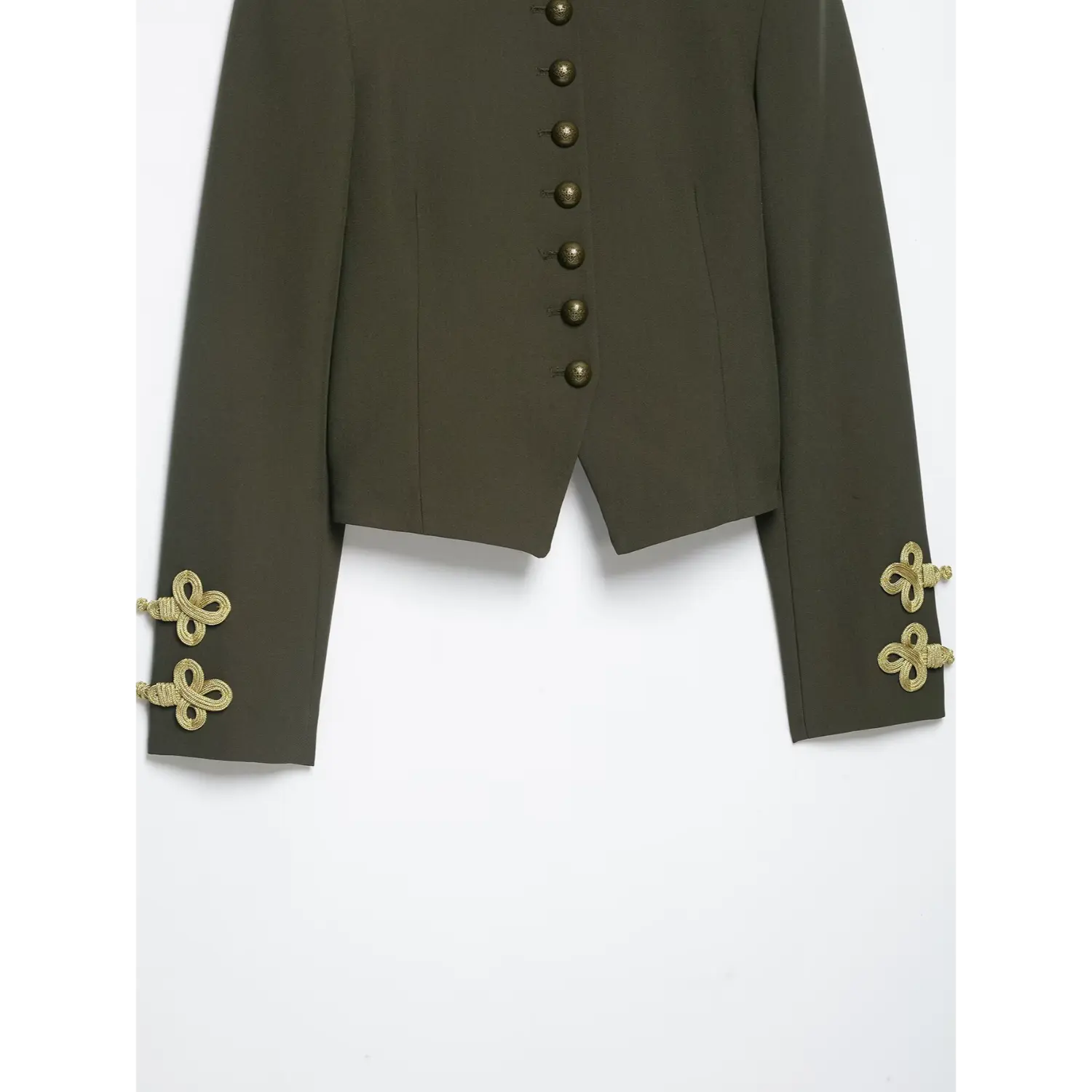 Full front flat lay of olive green cropped military blazer with metal buttons and gold knot cuffs
