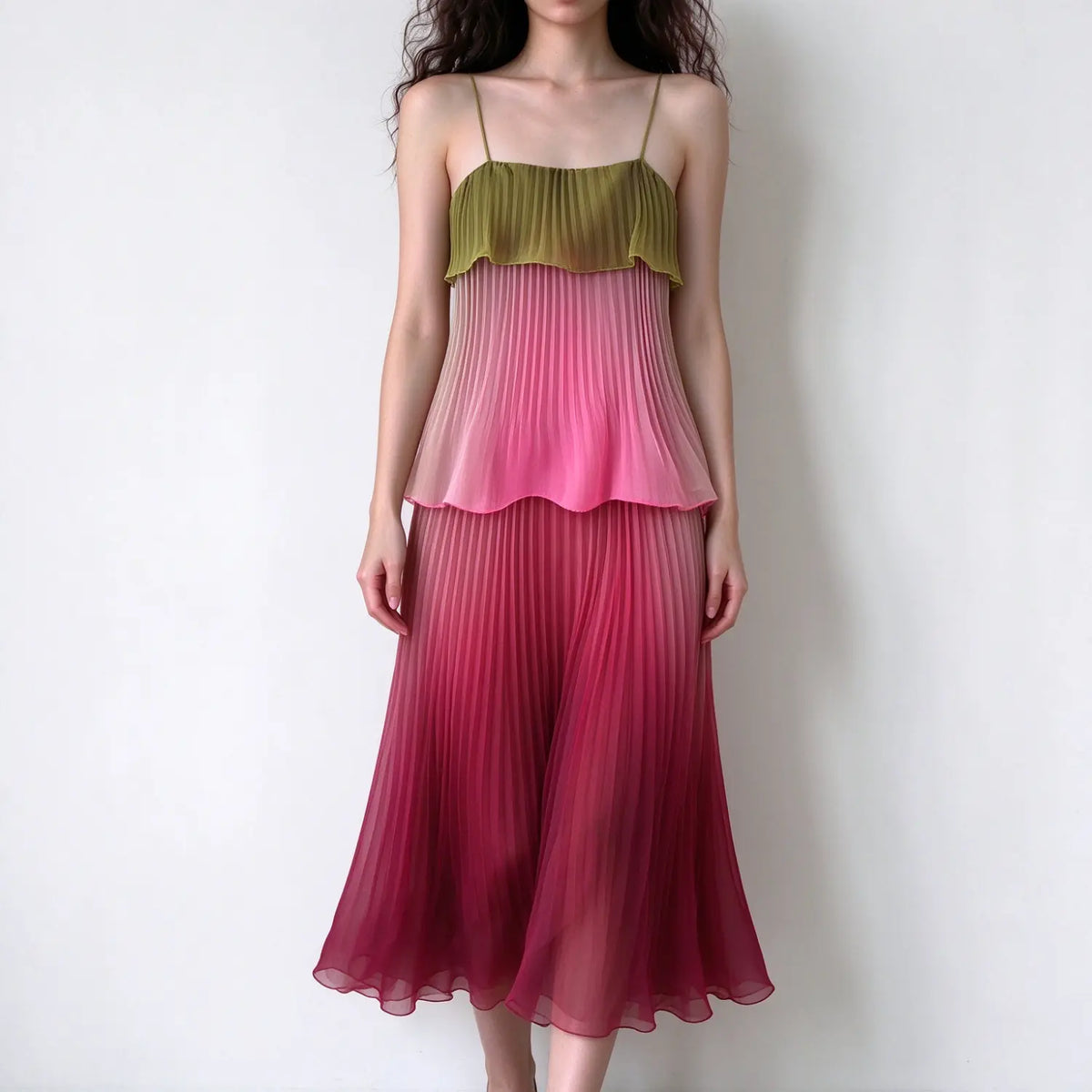 Model wearing gradient ombre pleated chiffon maxi dress, spaghetti strap two tier design, green to pink red color transition, flowy sheer pleated fabric