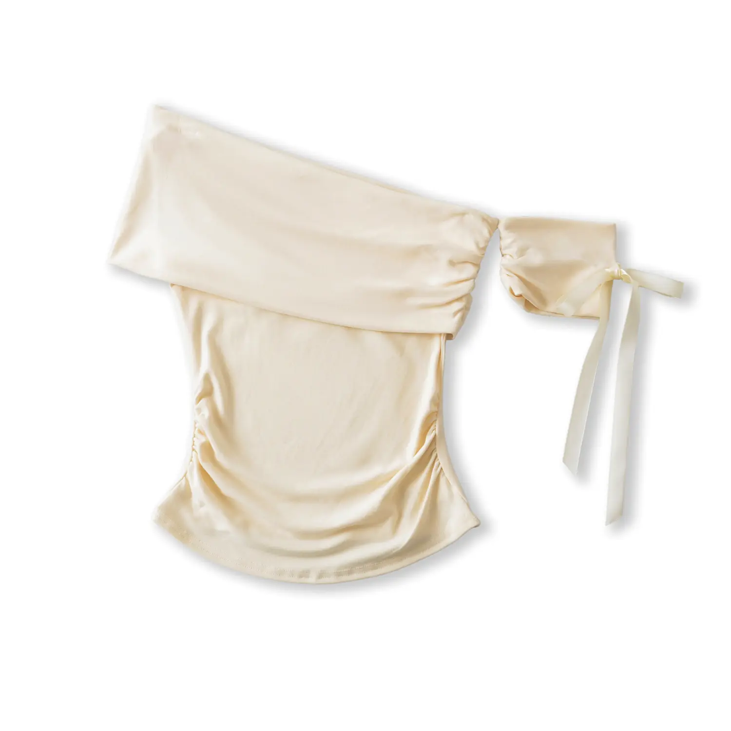 Cream asymmetrical one shoulder ruched crop top with detachable satin bow sleeve, soft stretch casual fitted tube top