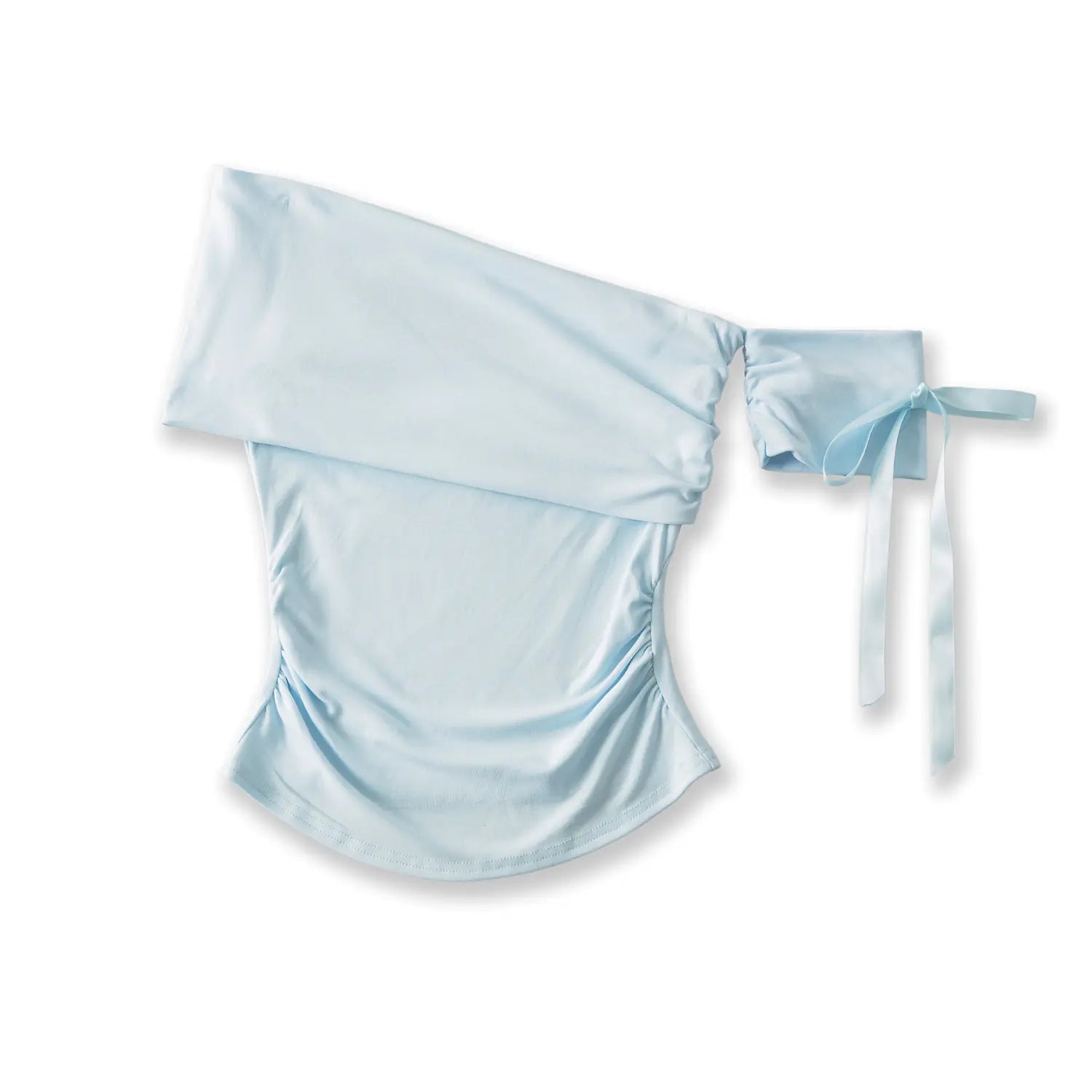 Light blue asymmetrical off shoulder ruched waist crop tee, fitted slim tube top with single satin ribbon tie sleeve