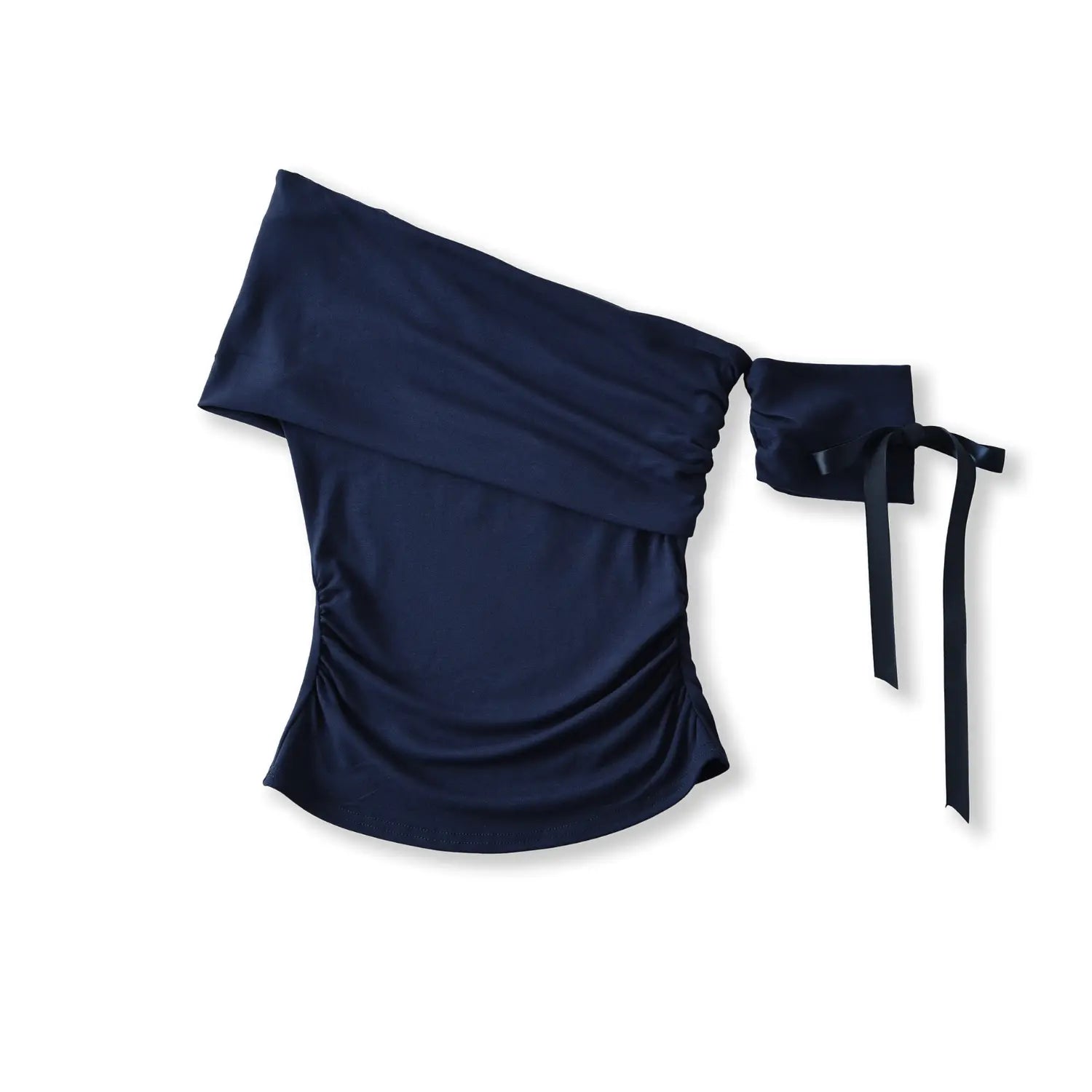 Navy blue folded one shoulder slim fit crop top, side ruched waist casual top with decorative satin bow arm cuff