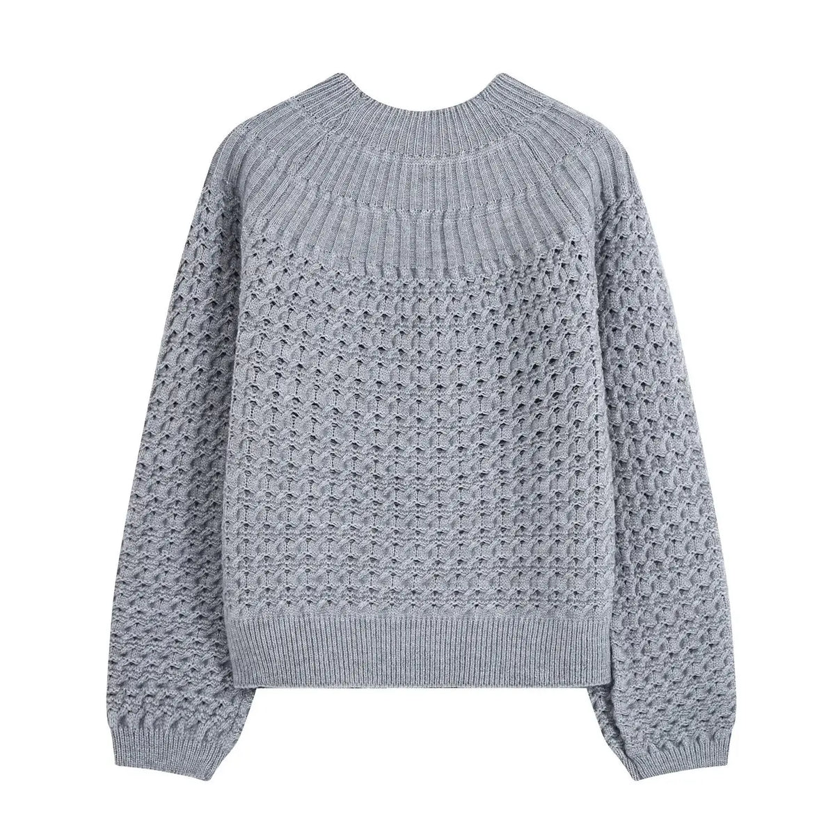 Back flat lay of gray openwork knit round neck button cardigan