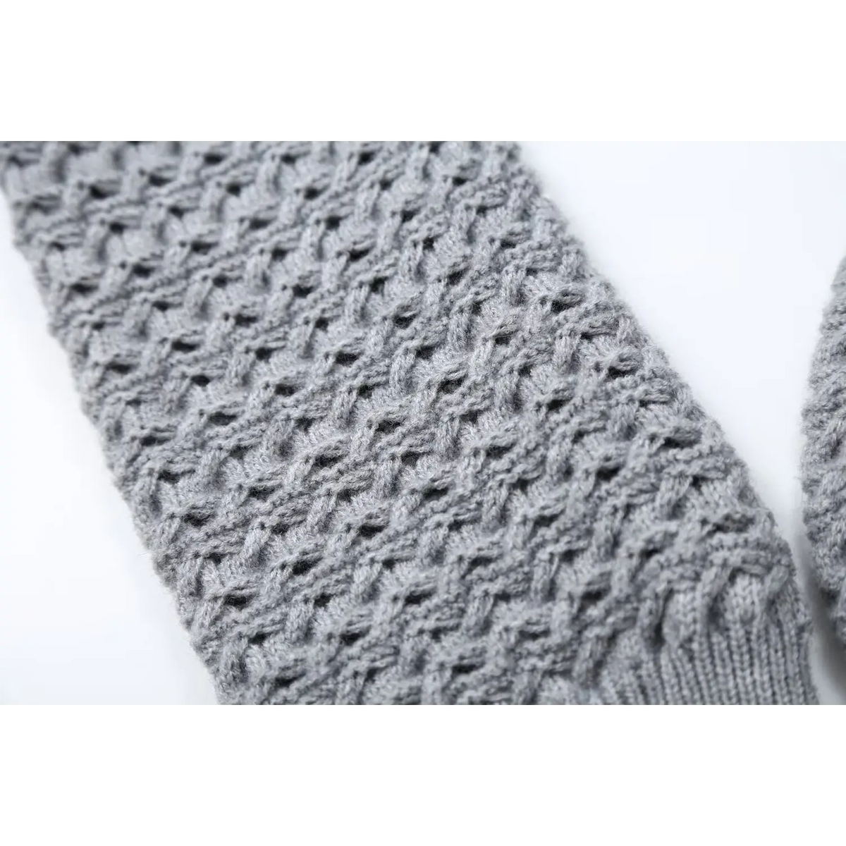 Close-up of gray openwork knit body texture