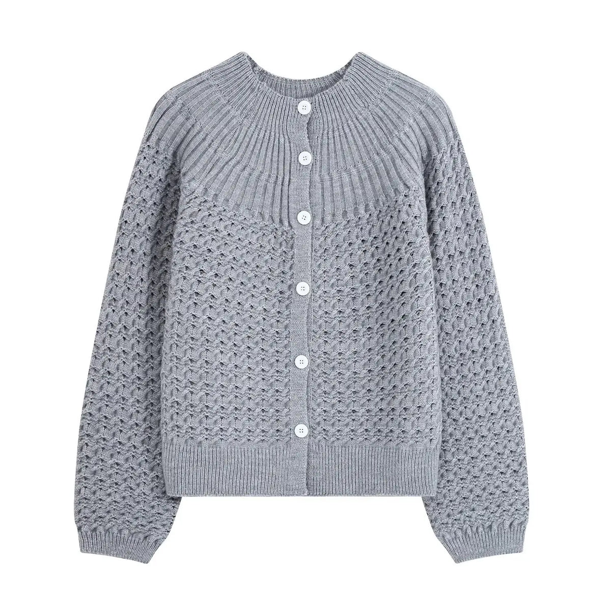 Front flat lay of gray openwork knit round neck button cardigan