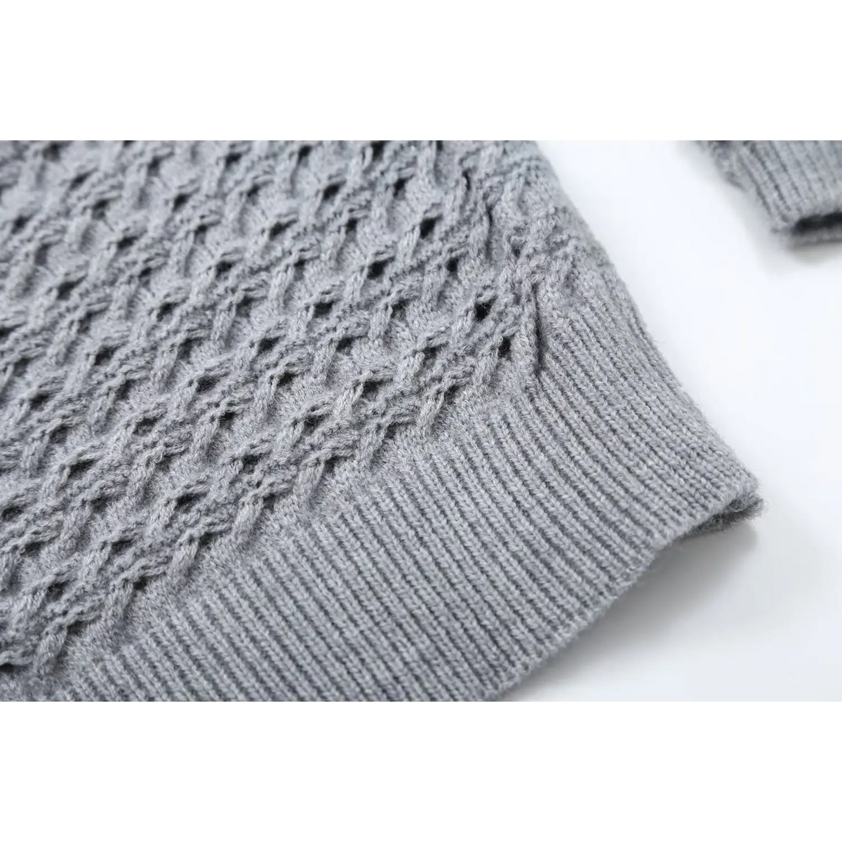 Close-up of gray ribbed hem detail