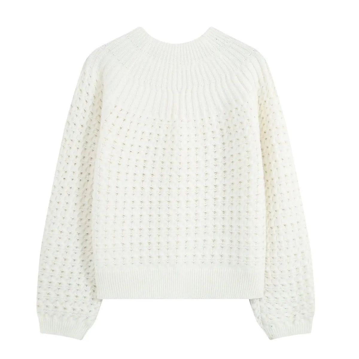 Back flat lay of ivory openwork knit round neck button cardigan