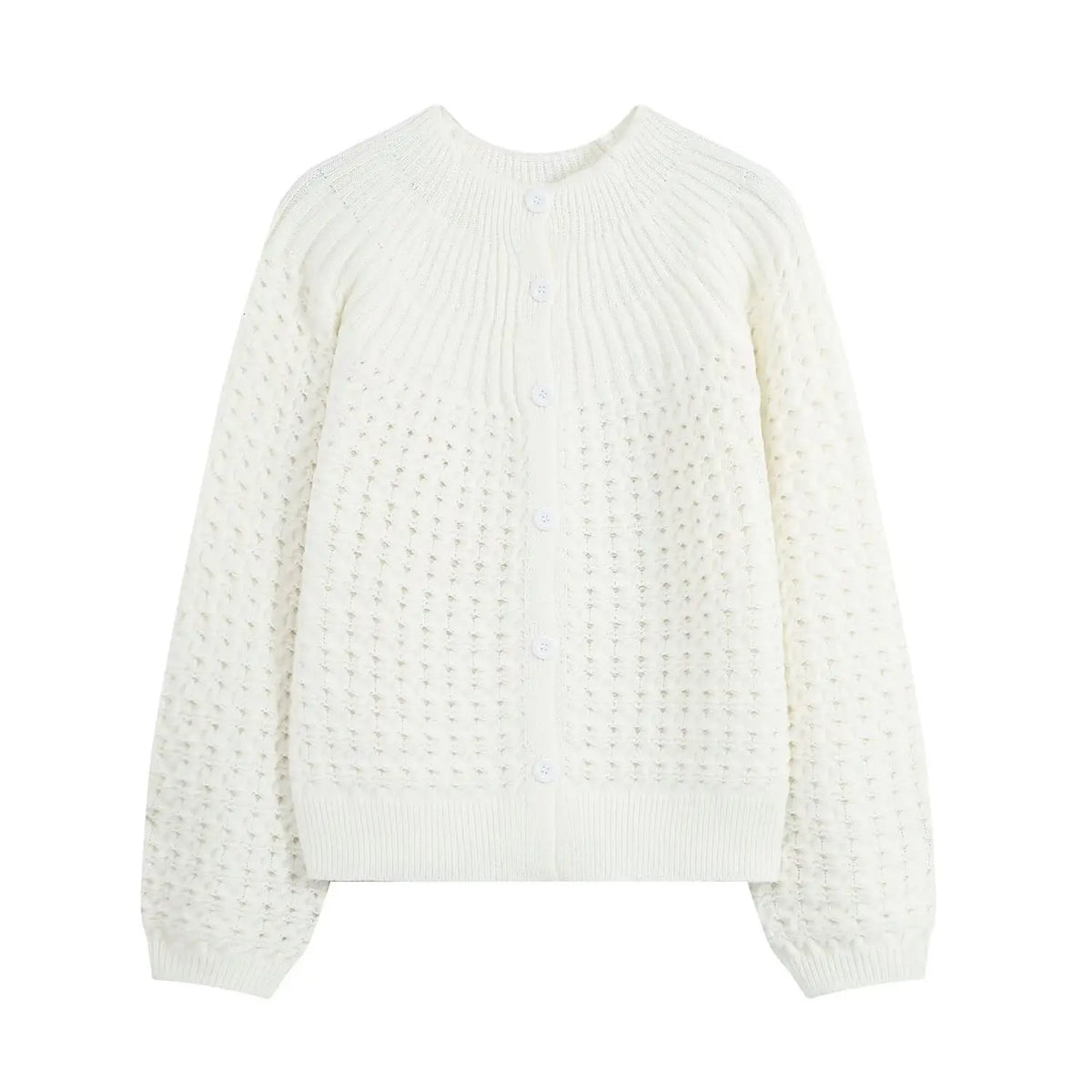 Front flat lay of ivory openwork knit round neck button cardigan