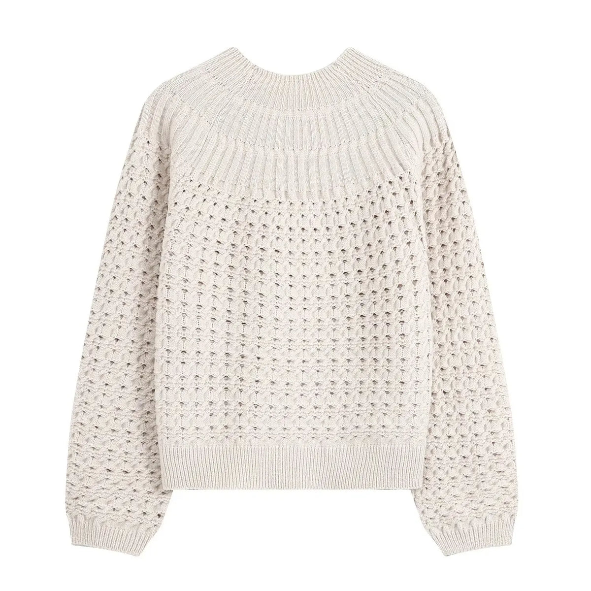 Back flat lay of oatmeal openwork knit round neck button cardigan