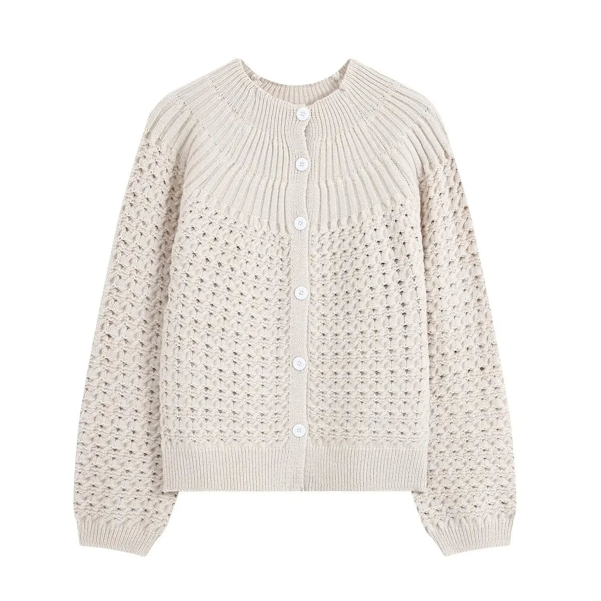 Front flat lay of oatmeal openwork knit round neck button cardigan