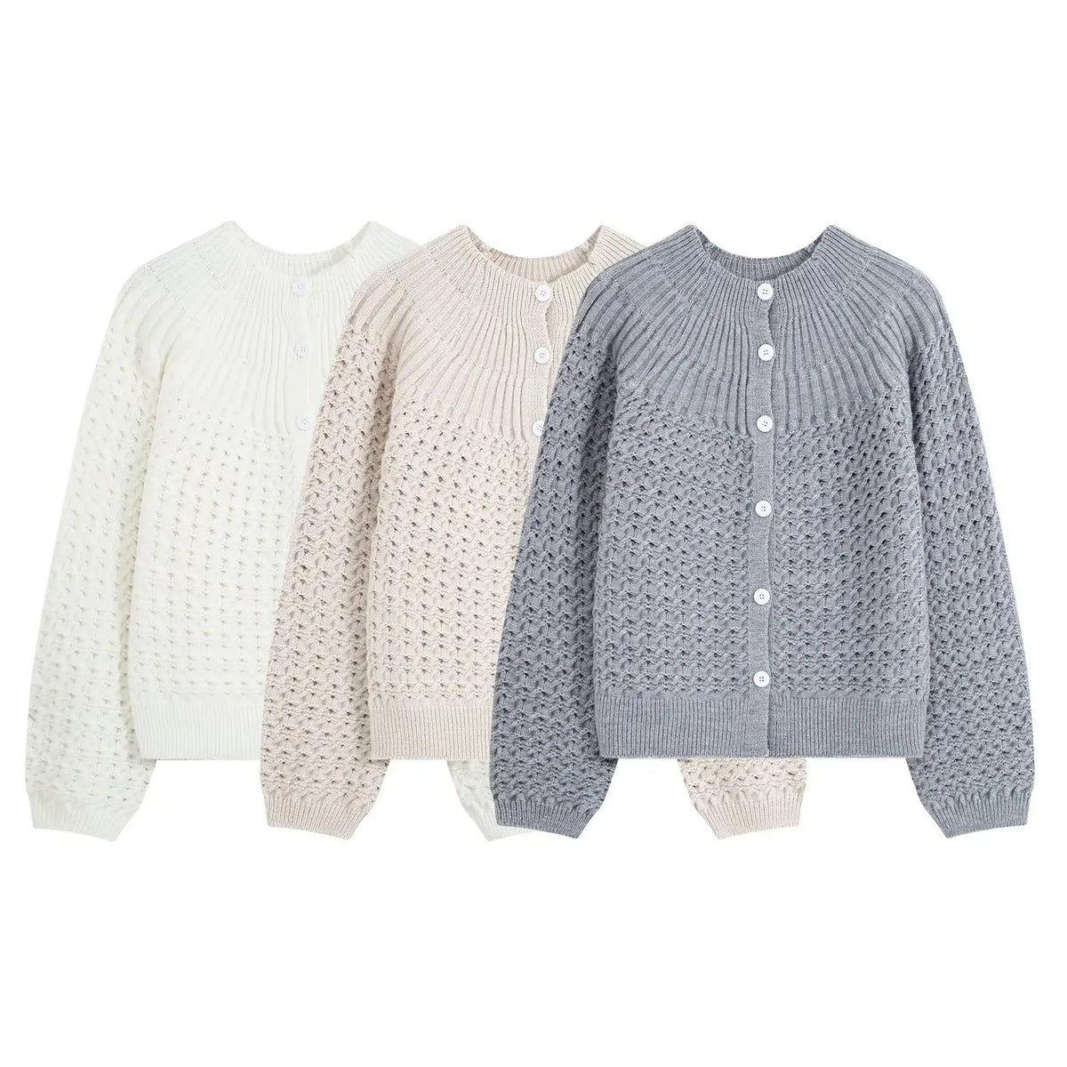 Three-color openwork knit round neck button cardigans