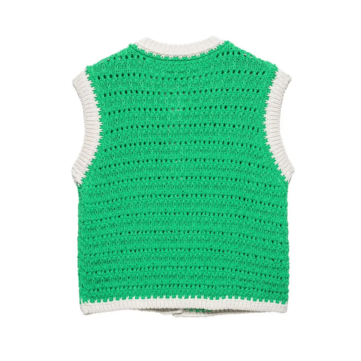 Back flat lay of green openwork pointelle knit cropped vest
