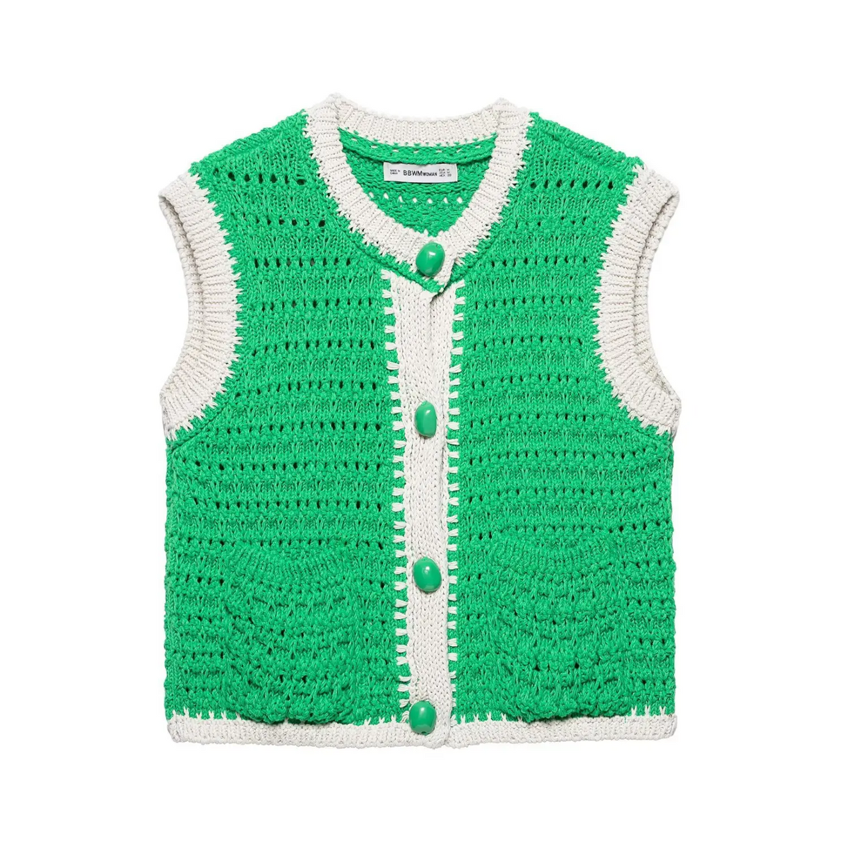 Front flat lay of green openwork pointelle knit cropped vest