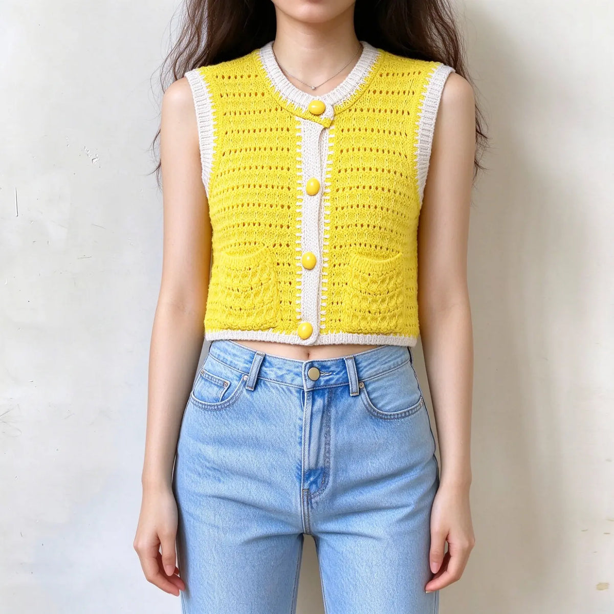 Model wearing yellow openwork pointelle knit cropped vest, front view