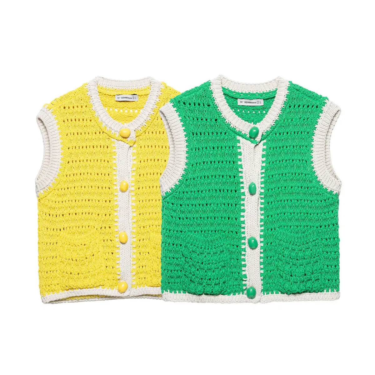 Two colorways of openwork pointelle knit cropped vest, yellow and green