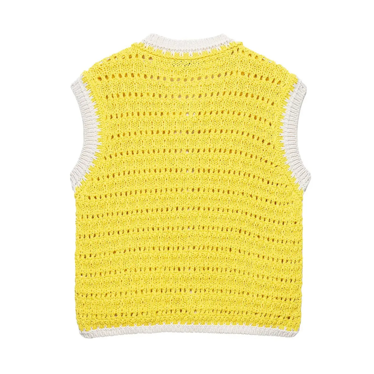 Back flat lay of yellow openwork pointelle knit cropped vest