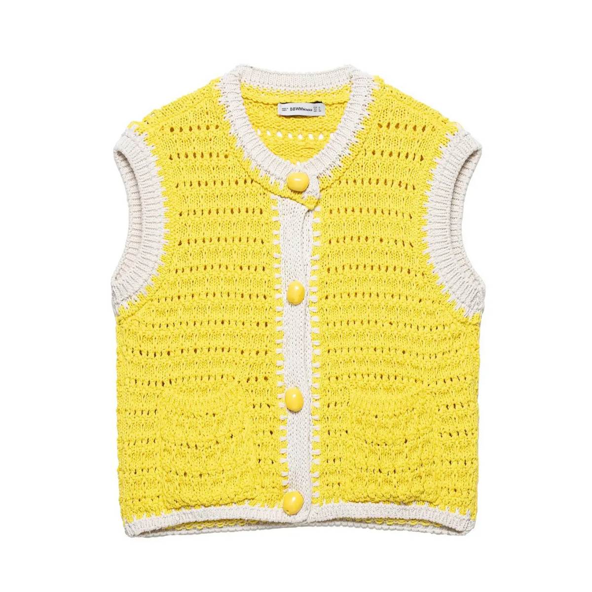 Front flat lay of yellow openwork pointelle knit cropped vest