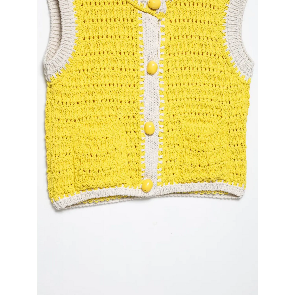 Close-up of yellow placket buttons and hem