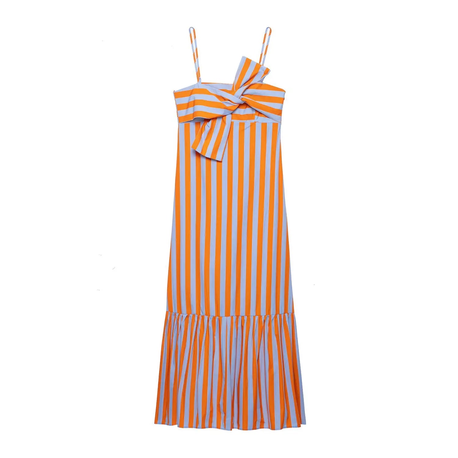 Front view orange light blue striped spaghetti strap maxi dress with front twist knot and ruffle hem