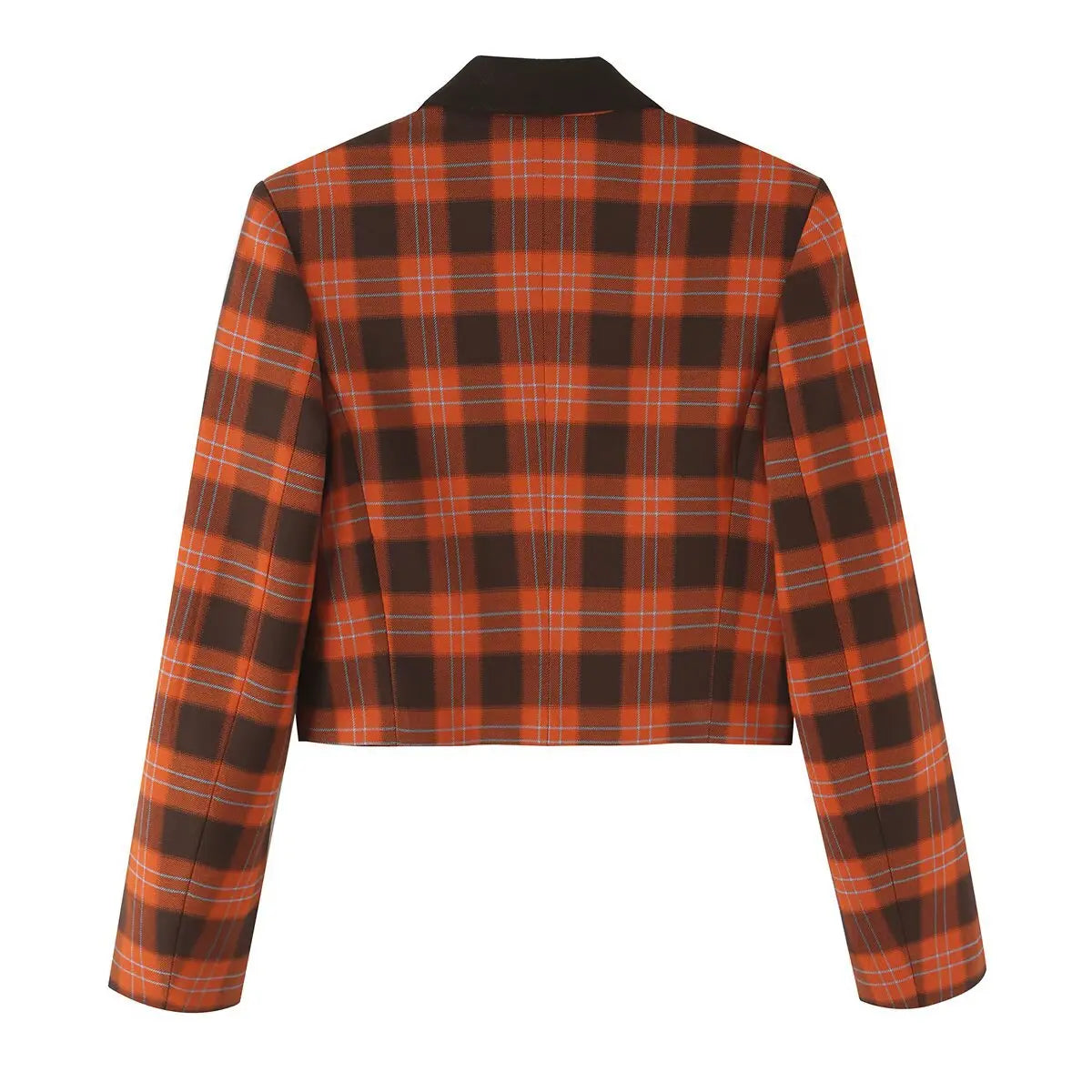 Orange brown plaid double breasted contrast lapel cropped blazer, back flat lay