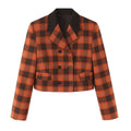 Orange brown plaid double breasted contrast lapel cropped blazer, front flat lay