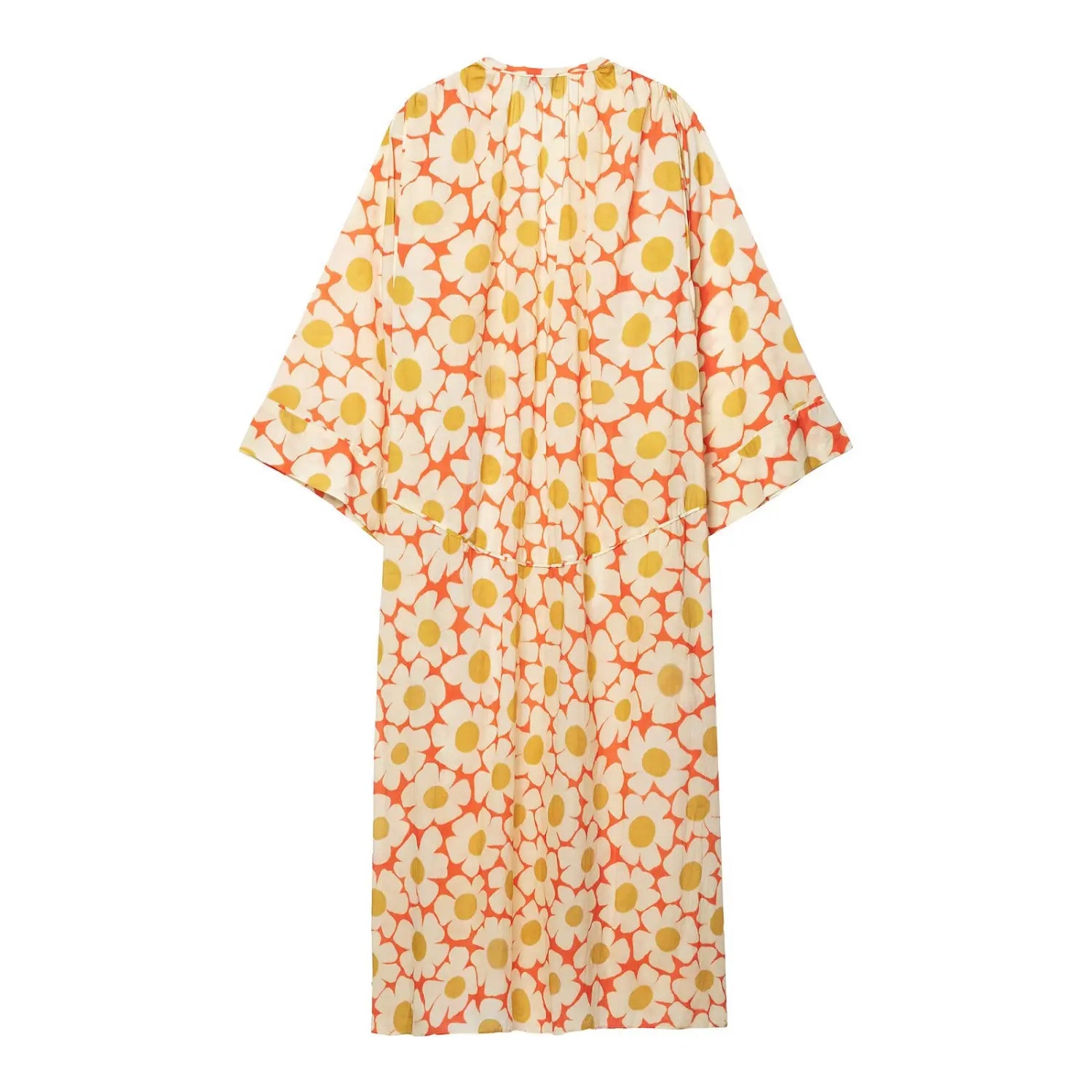 Back flat lay view of orange daisy floral print flowy maxi dress with kimono sleeves