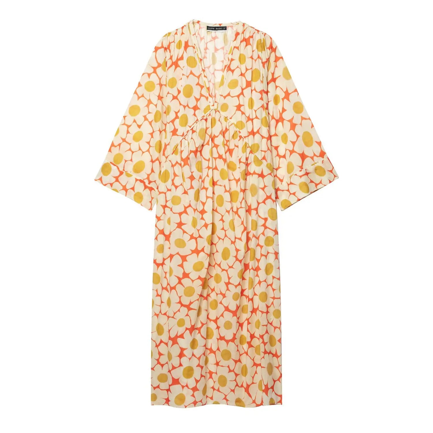 Front flat lay view of orange daisy floral print v neck kimono sleeve maxi dress