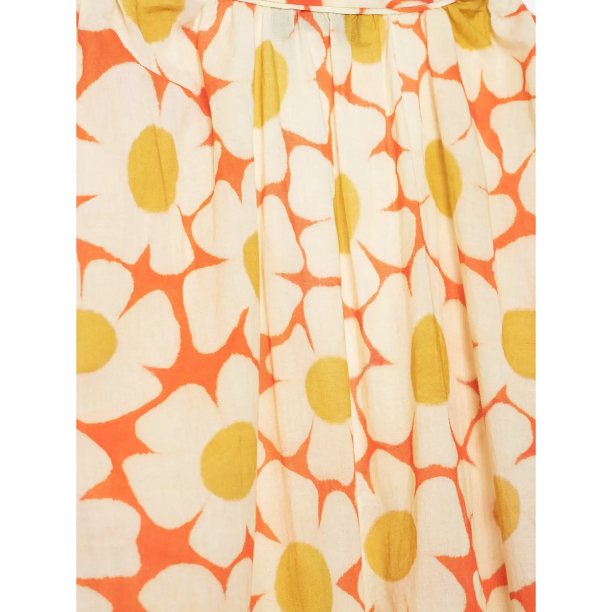 Macro close‑up of back fabric gathers on daisy floral maxi dress