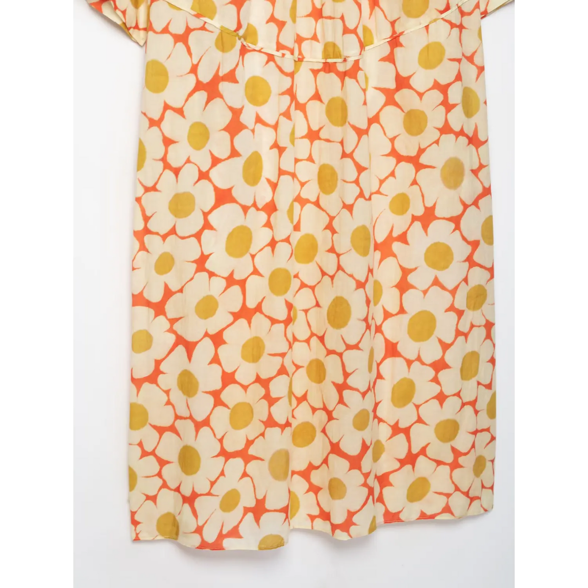 Macro close‑up of back fabric gathers on daisy floral maxi dress