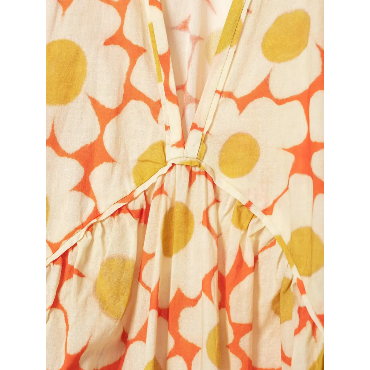 Macro detail of front gathered v‑neck stitching on daisy print maxi dress